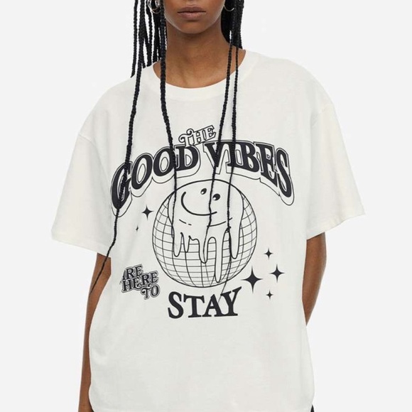 H&M good vibes tee graphic t-shirt crewneck short sleeve mirrorball smiley face - Picture 1 of 10